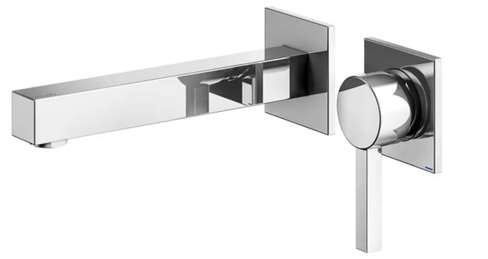 Keuco-Wandmischer mit einem länglichen Auslauf und einem runden Bedienhebel, verchromt. Minimalistisches Design, geeignet für moderne Badezimmer.